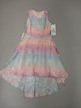 Rare Editions Pastel Rainbow Floral High-Low Party Dress - Pink, Blue, Purple